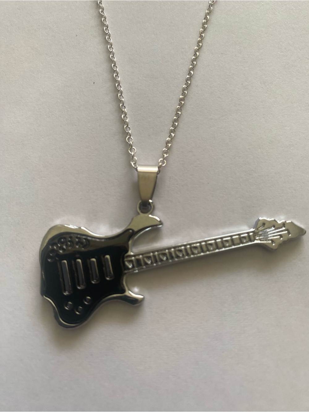 Silver and Black Guitar Pendant Necklace